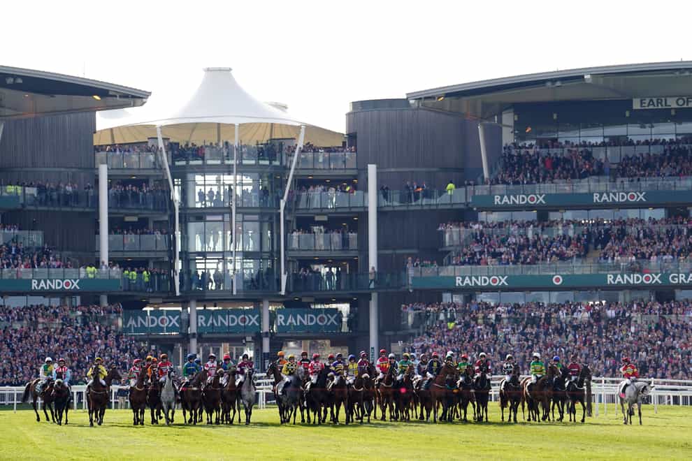 Runners and riders at the start of the Randox Grand National Handicap Chase on day three of the Randox Grand National Festival at Aintree Racecourse, Liverpool (David Davies/PA)