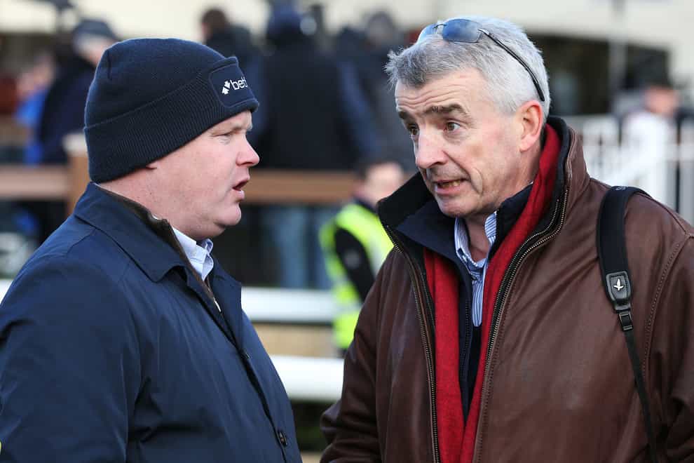 Winning owner Michael O’Leary (right) and trainer Gordon Elliott in the parade ring after sending Apple’s Jade out to win the Squared Financial Christmas Hurdle during day three of the Leopardstown Christmas Festival at Leopardstown Racecourse.
