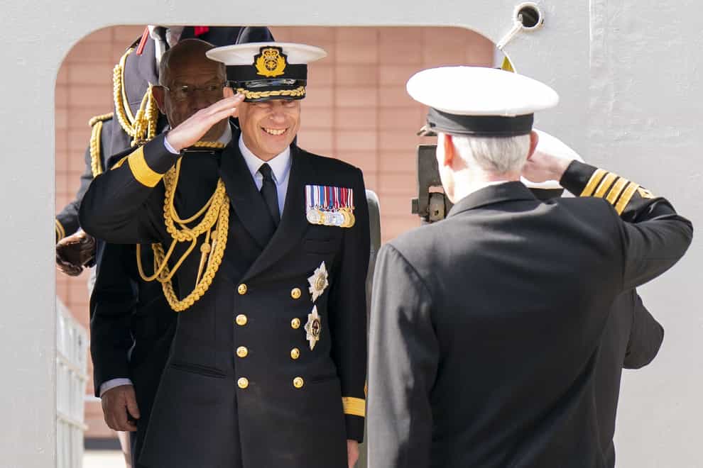 Prince Edward, the Duke of Edinburgh, takes the salute onboard ahead of the Service of Dedication for the Royal Fleet Auxiliary ship, RFA Stirling Castle, in Leith. Picture date: Thursday April 11, 2024. (Jane Barlow/PA)