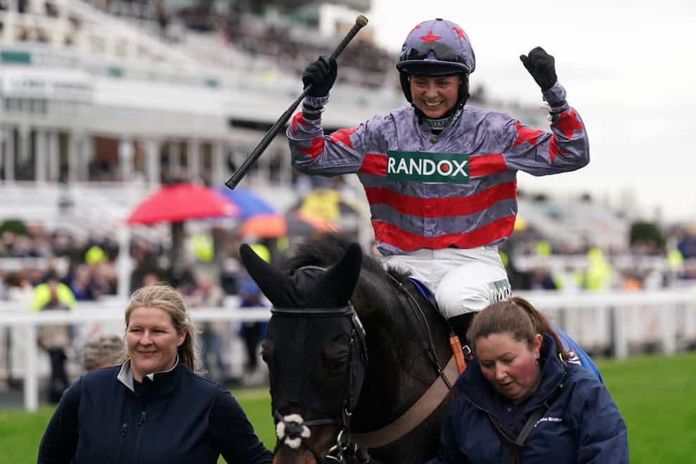 Bryony Frost on board Sans Bruit celebrates winning the Close Brothers Red Rum Handicap Chase on day one of the 2024 Randox Grand National Festival at Aintree Racecourse (Bradley Collyer/PA)