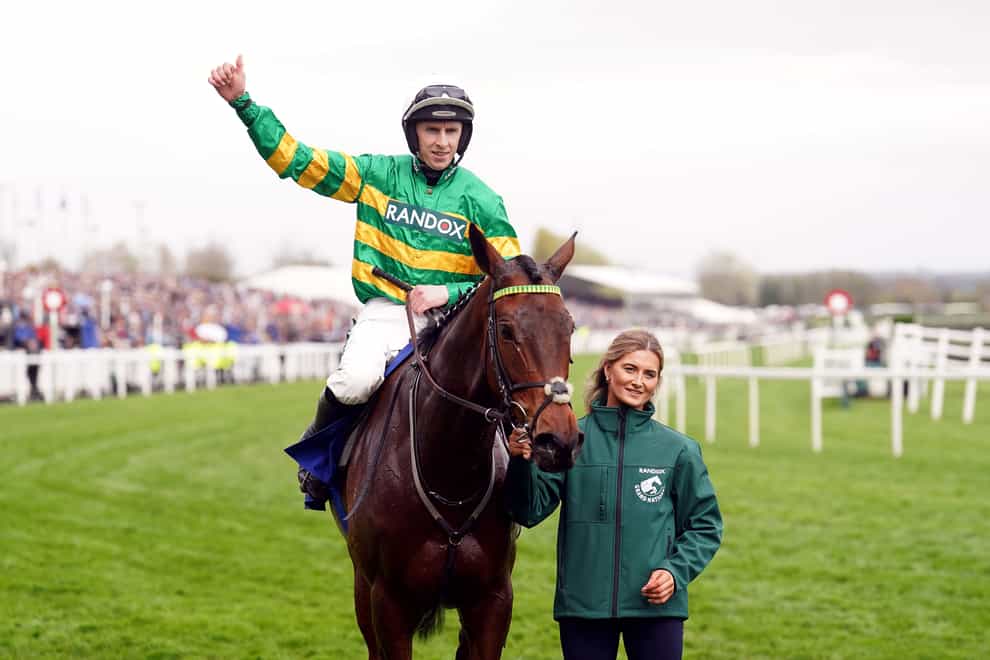 Inothewayurthinkin and jockey Mark Walsh after winning the Huyton Asphalt Franny Blennerhassett Memorial Mildmay Novices’ Chase on day two of the 2024 Randox Grand National Festival at Aintree Racecourse, Liverpool. Picture date: Friday April 12, 2024.