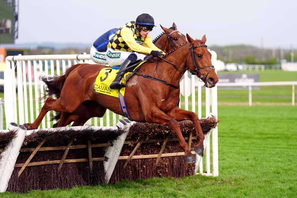 Dancing City ridden by jockey Paul Townend on their way to winning the Cavani Sartorial Menswear Sefton Novices’ Hurdle on day two of the 2024 Randox Grand National Festival at Aintree Racecourse, Liverpool. Picture date: Friday April 12, 2024.