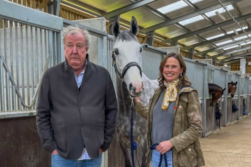 Jeremy Clarkson with The Hawkstonian and Francesca Cumani (Old Gold Racing)