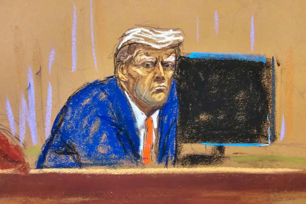 In this courtroom sketch, former US president Donald Trump turns to face the audience at the beginning of his trial over charges that he falsified business records to conceal money paid to silence porn star Stormy Daniels in 2016, in Manhattan state court in New York (Jane Rosenberg/Pool Photo via AP)