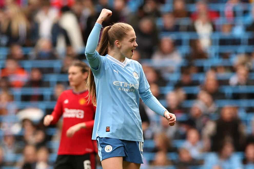 Jess Park celebrates after scoring her second goal in Manchester City’s win against Manchester United at the Etihad Stadium last month (Barrington Coombs/PA)
