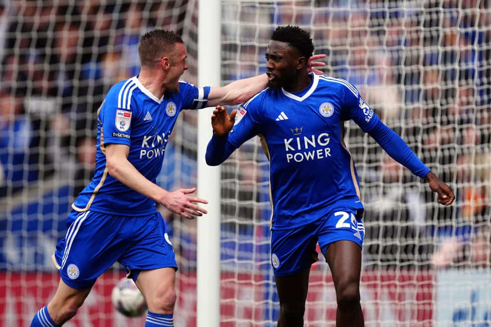 Wilfred Ndidi celebrates scoring Leicester’s opening goal with Jamie Vardy during a 2-1 win over West Brom (Mike Egerton/PA).