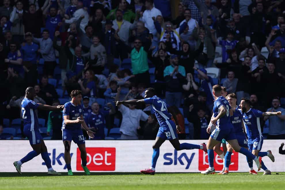 Cardiff’s Famara Diedhiou (centre) celebrates scoring the equaliser in a 2-1 comeback win over Southampton (Steve Paston/PA).