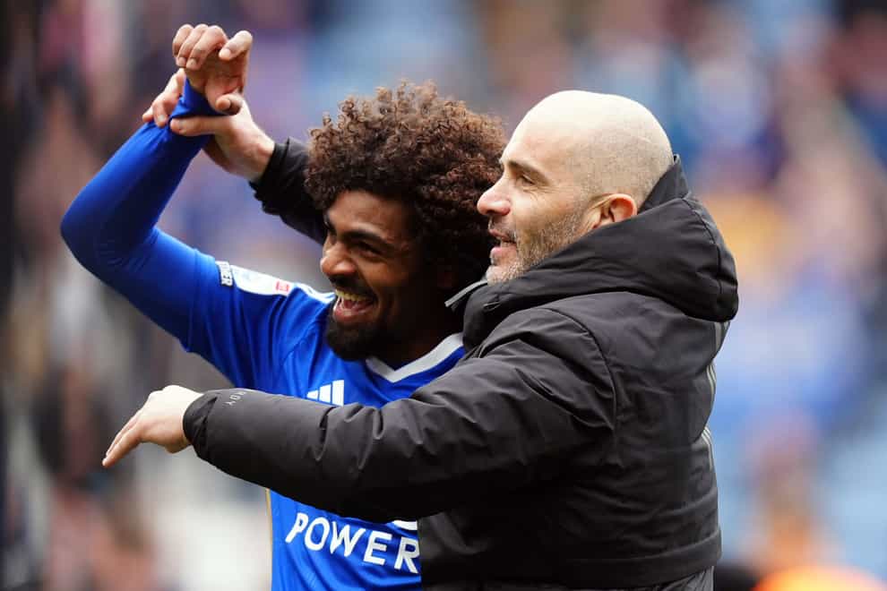 Leicester manager Enzo Maresca celebrates with Hamza Choudhury after the 2-1 win over West Brom (Mike Egerton/PA).