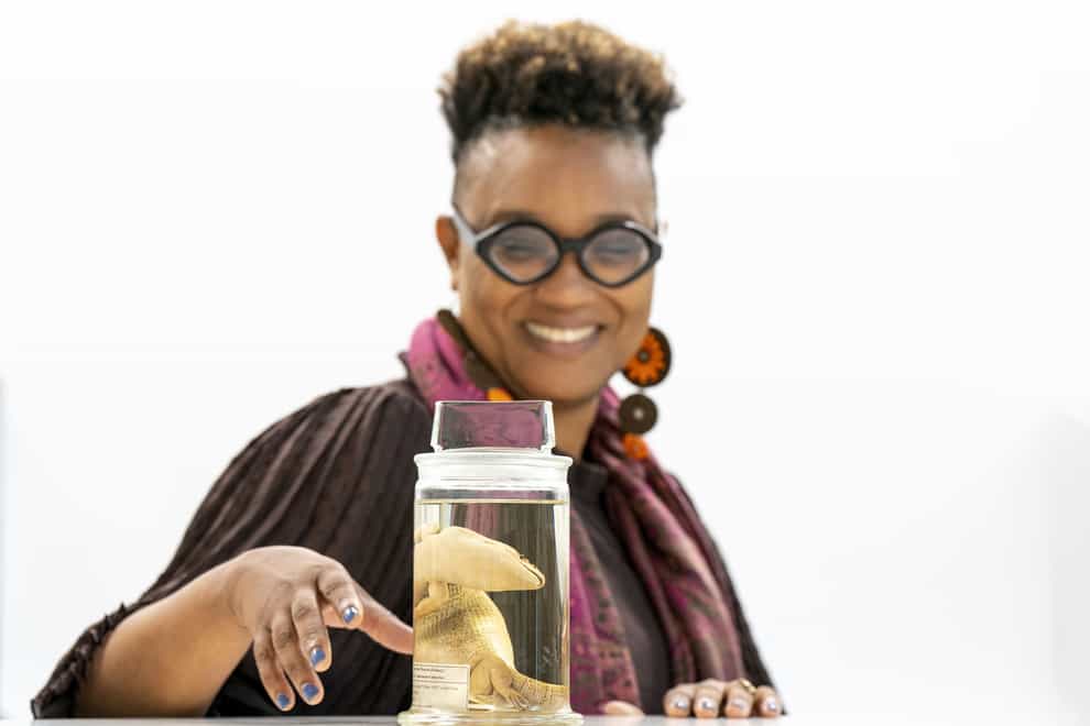 Dr Shani Roper from the University of West Indies with the Jamaican giant galliwasp specimen (Jane Barlow/PA)