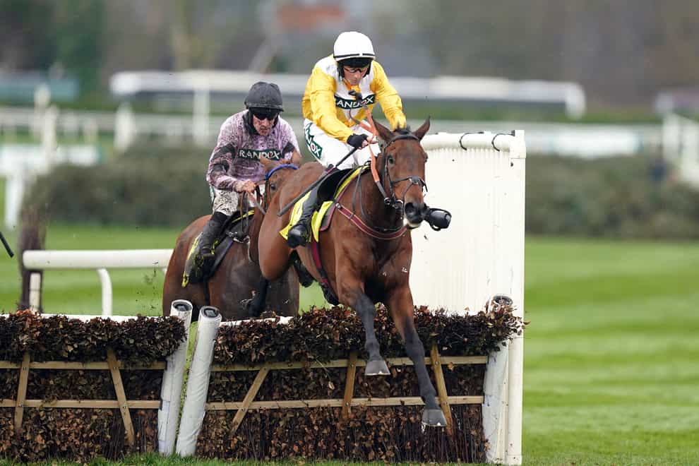 Apple Away ridden by jockey Stephen Mulqueen clear a fence on their way to winning the Winners Wear Cavani Sefton Novices’ Hurdle on day two of the Randox Grand National Festival at Aintree Racecourse (Mike Egerton/PA)