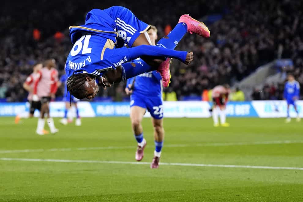 Abdul Fatawu celebrates scoring Leicester’s first goal (Nick Potts/PA)