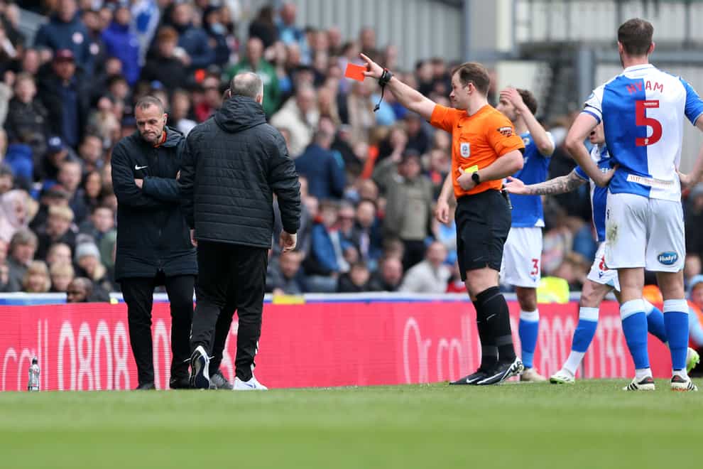Blackburn Rovers manager John Eustace is shown a red card (Barrington Coombs/PA)