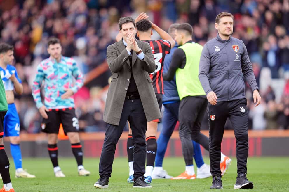 Bournemouth manager Andoni Iraola (centre) applauds the fans after victory over Brighton (Adam Davy/PA).