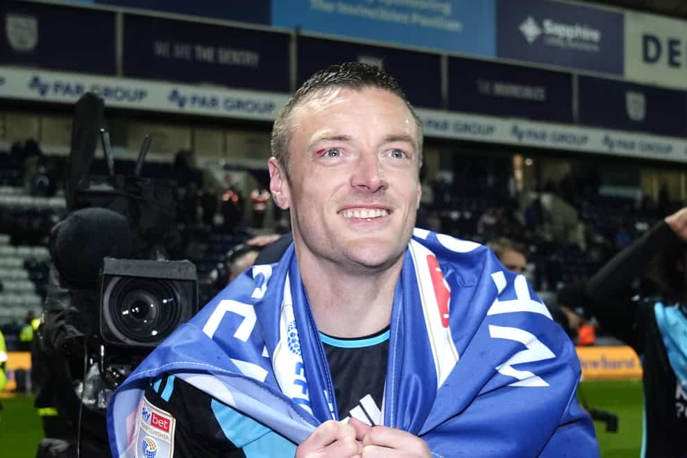 Leicester City’s Jamie Vardy celebrates securing the Championship title after the Sky Bet Championship match at Deepdale, Preston. Picture date: Monday April 29, 2024.