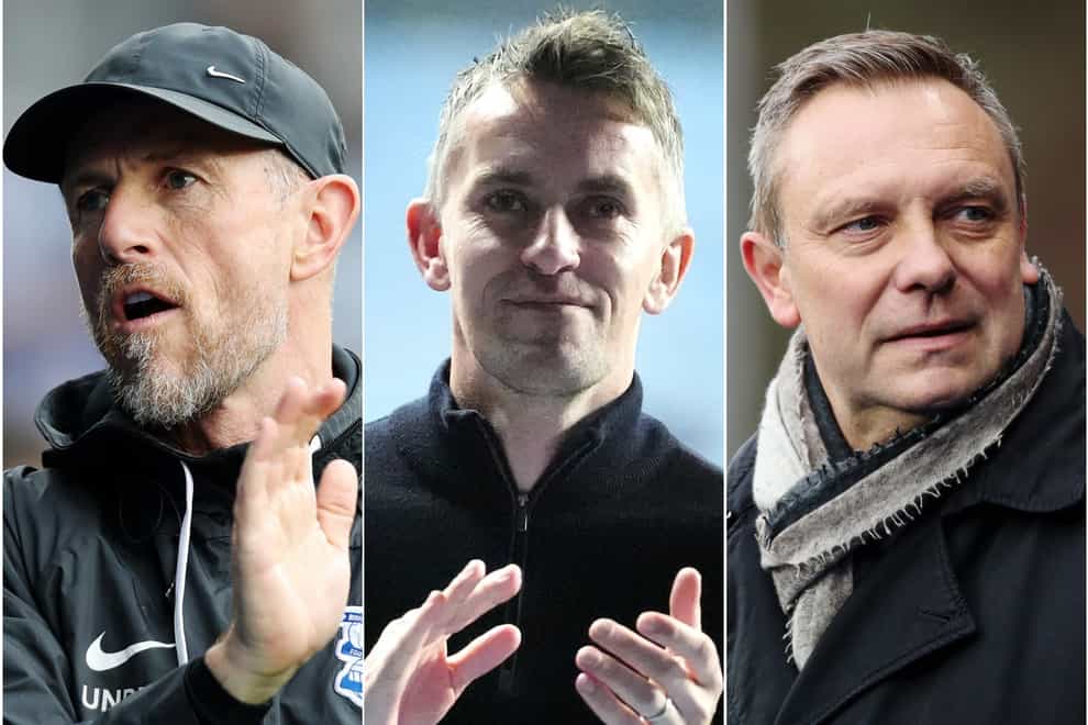 Kieran McKenna, centre, is on the brink of promotion with Ipswich but Birmingham boss Gary Rowett, left, and Huddersfield’s Andre Breitenreiter are in relegation danger (Jess Hornby/Bradley Collyer/PA)