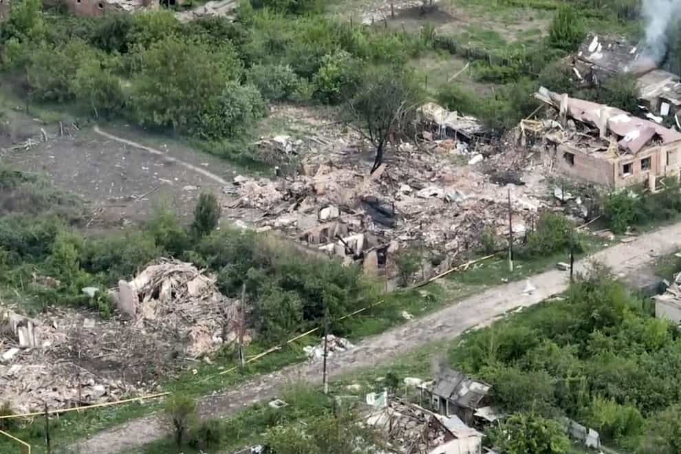 This drone footage obtained by The Associated Press shows the village of Ocheretyne, a target for Russian forces in the Donetsk region of eastern Ukraine (Kherson/Green via AP)