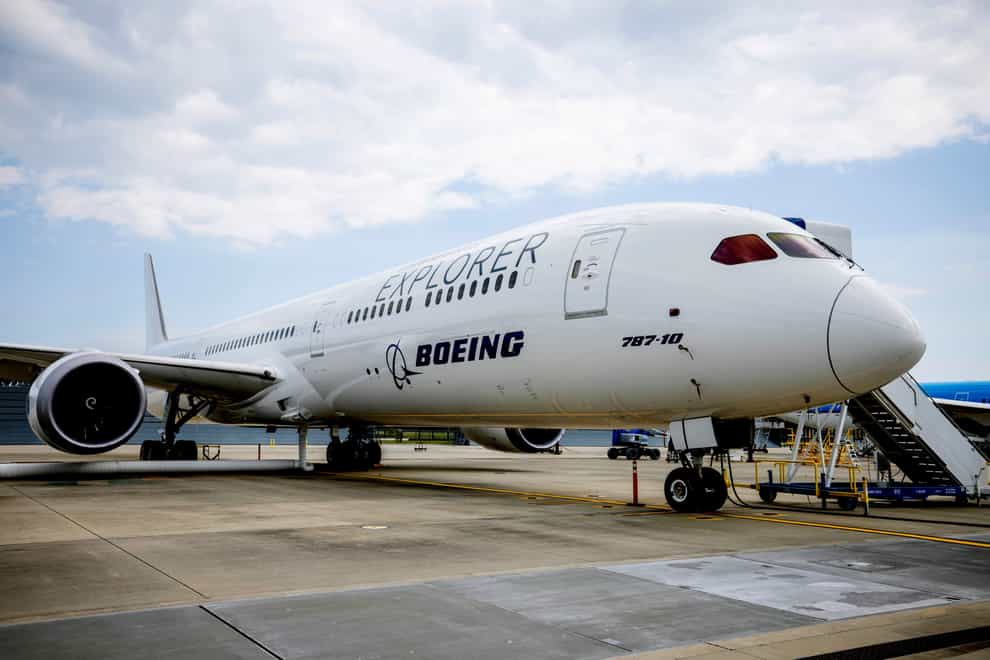A Boeing ecoDemonstrator Explorer, a 787-10 Dreamliner, sits on the tarmac (Gavin McIntyre/PA)