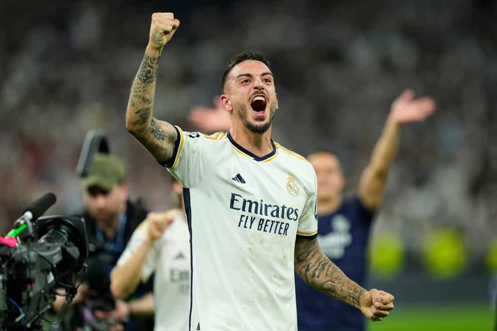 Joselu celebrates after his two-goal show against Bayern Munich sent Real Madrid through to the Champions League final (Jose Breton/AP)