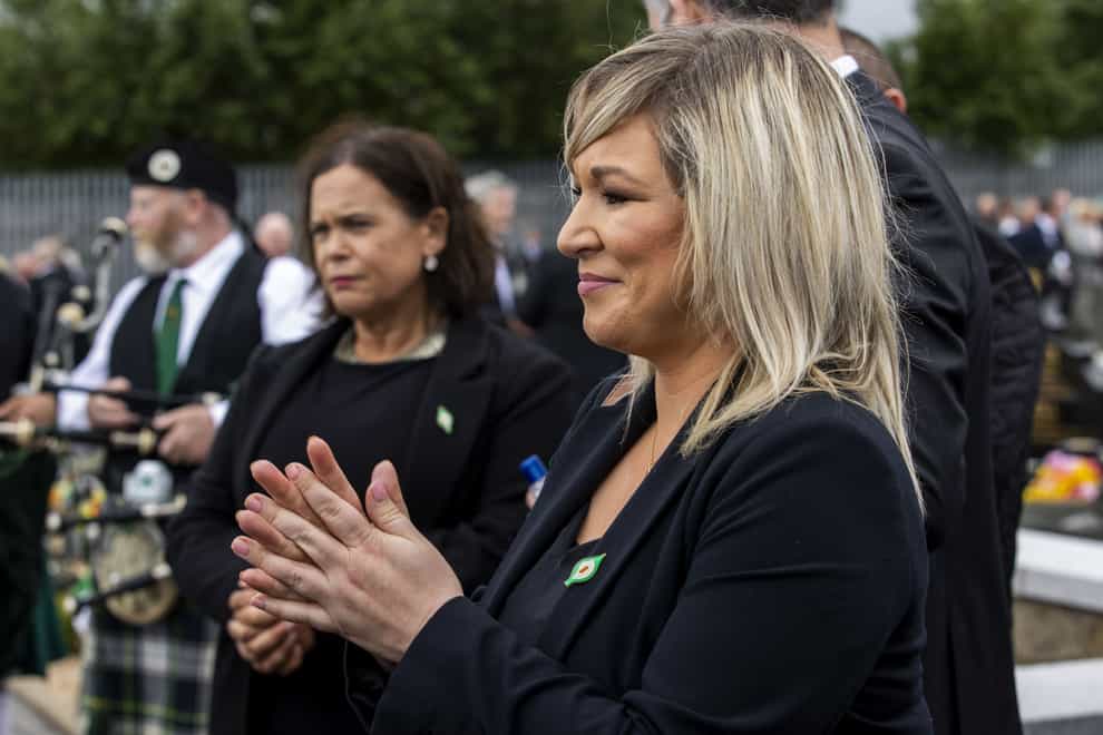 Mary Lou McDonald, left, and Michelle O’Neill during the funeral of Bobby Storey at the Republican plot at Milltown Cemetery in west Belfast in 2020 (Liam McBurney/PA)