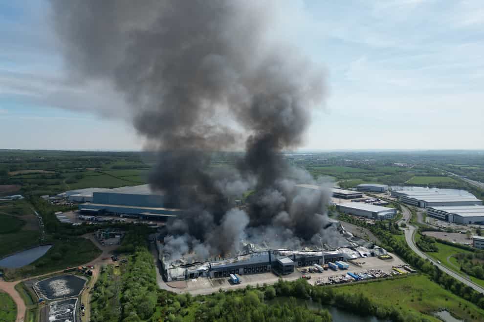 A view taken from a drone of the fire at Super Smart Services near the A460 Orbital Island in Cannock (Phil Barnett/PA)
