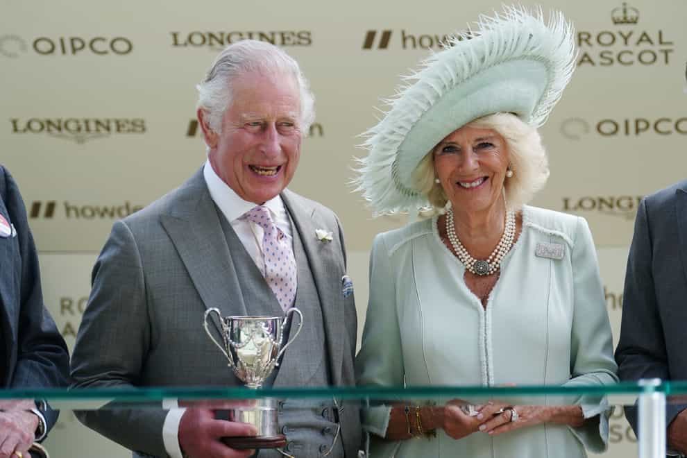 King Charles III and Queen Camilla during the trophy presentation after Desert Hero wins the King George V Stakes during day three of Royal Ascot at Ascot Racecourse, Berkshire. Picture date: Thursday June 22, 2023.
